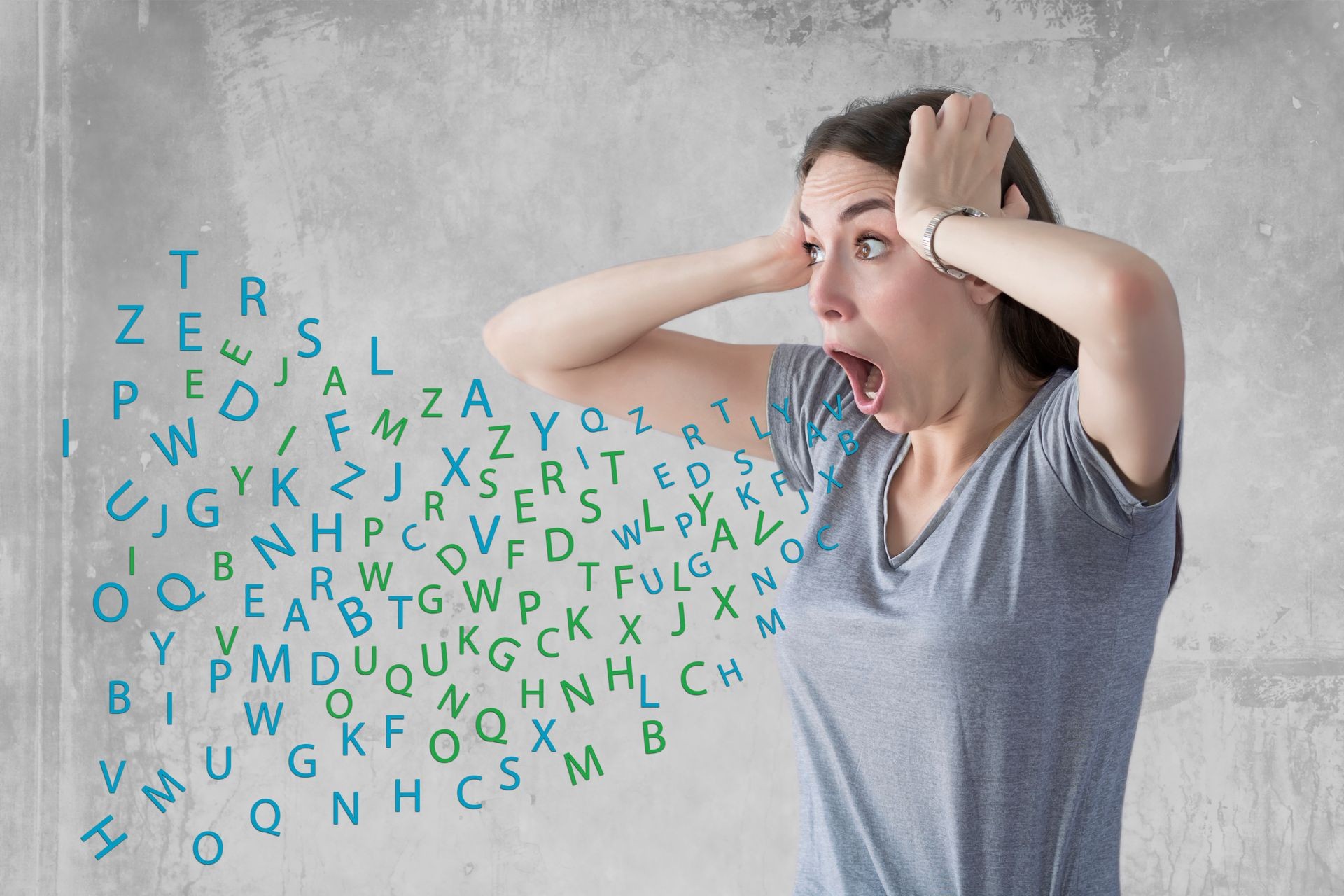 Angry woman screaming with her hands and letters coming out of open mouth